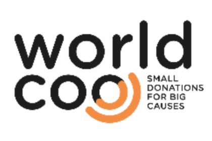 Logo y lema de la empresa Worldcoo: "Small Donations For Big Causes"