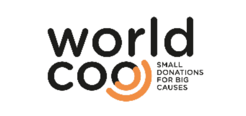 Logo y lema de la empresa Worldcoo: "Small Donations For Big Causes"