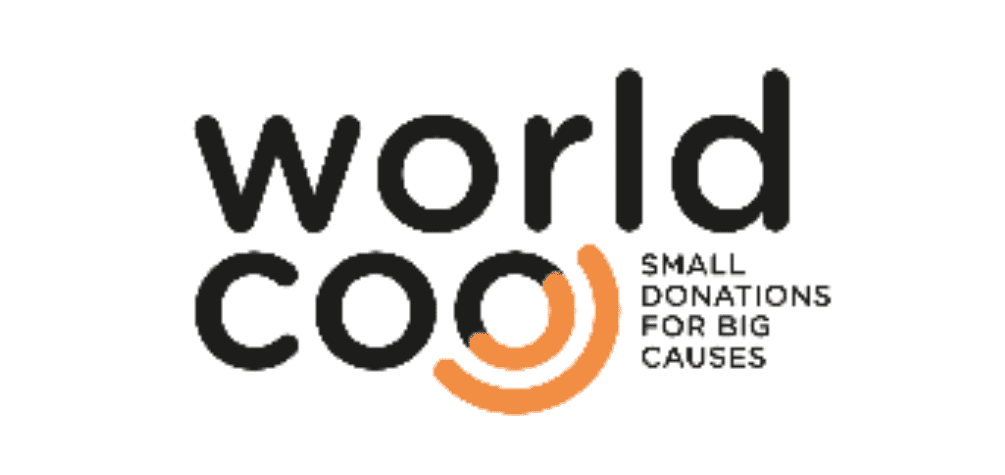 Logo y lema de la empresa Worldcoo: "Small Donations For Big Causes"