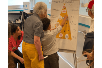 Imagen de una de las sesiones intergeneracionales: Un niño y una mujer colocan pegatinas en una pirámide alimenticia