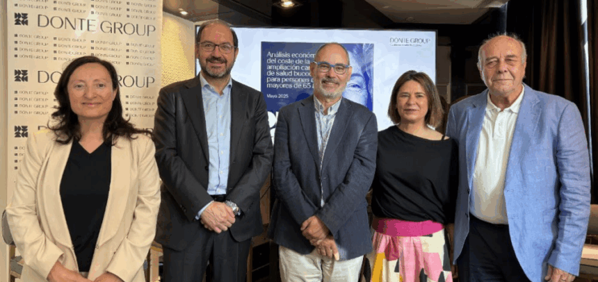 Dra. Clara Esteban, directora médica de DONTE GROUP; Javier Martín Ocaña, CEO de DONTE GROUP;Alberto Montero Soler, Profesor de Economía Aplicada de la Universidad de Málaga autor del informe; María José Abraham, directora general de la Fundación Edad & Vida; José Luis Fernández Santillana, presidente de la Confederación Española de Organizaciones de Mayores (CEOMA).