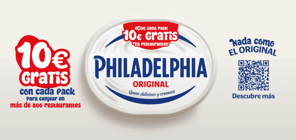 Con la compra de cualquier producto de Philadelphia, la marca ofrece‏‏ ‏‏10€ para canjear en‏‏ más de 800 restaurantes en toda España