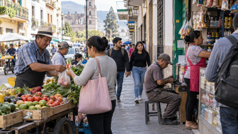 Actividad comercial y trabajo por cuenta propia en una calle de América Latina, una realidad estrechamente ligada al peso de la informalidad laboral en la región. Imagen generada con Inteligencia Artificial