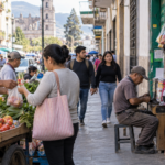 Actividad comercial y trabajo por cuenta propia en una calle de América Latina, una realidad estrechamente ligada al peso de la informalidad laboral en la región. Imagen generada con Inteligencia Artificial