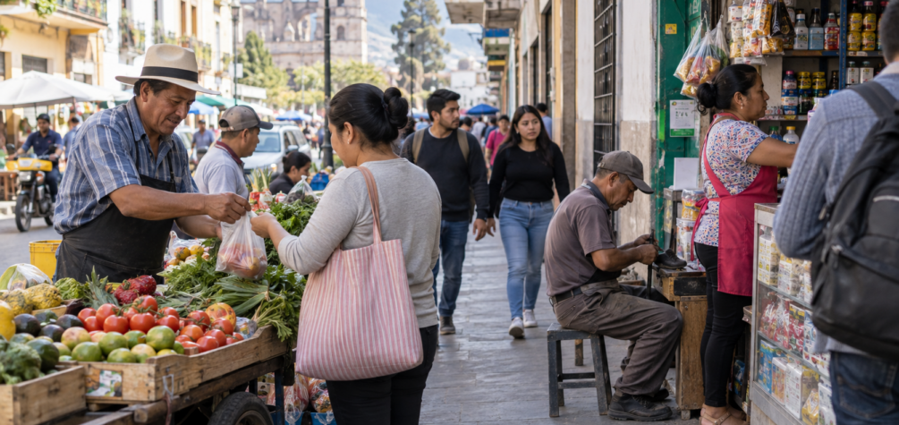 Actividad comercial y trabajo por cuenta propia en una calle de América Latina, una realidad estrechamente ligada al peso de la informalidad laboral en la región. Imagen generada con Inteligencia Artificial