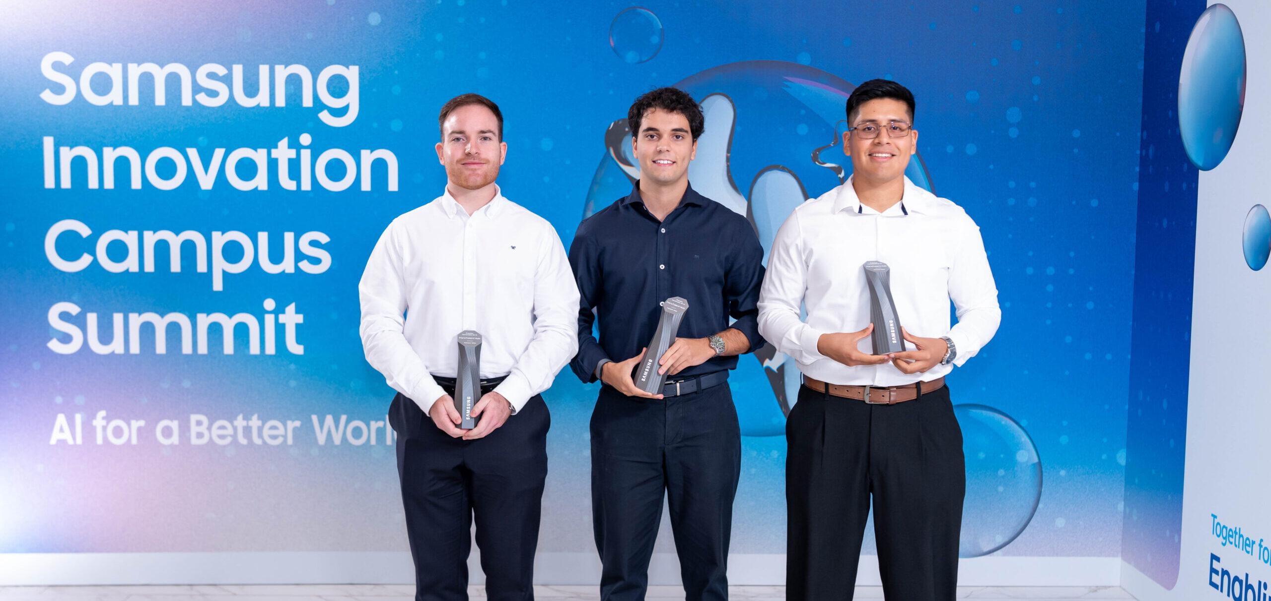 Ignacio Jiménez Martín, Miguel Martín Rodrigo y Juan S. Flores Olivos, creadores de ParaTalent Hub, durante el Samsung Innovation Campus Summit 2026