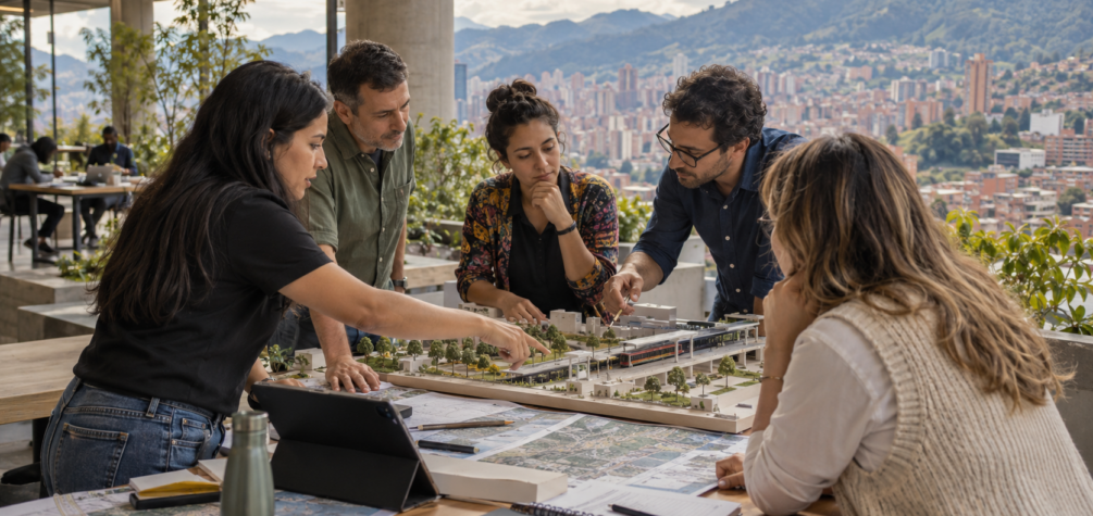 Representantes de distintos ámbitos analizan un proyecto de infraestructura urbana, una imagen de las alianzas, la financiación responsable y la toma de decisiones compartida que impulsan el Buen Gobierno en Iberoamérica. Fuente de la imagen: IA