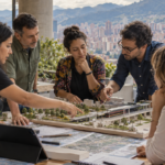 Representantes de distintos ámbitos analizan un proyecto de infraestructura urbana, una imagen de las alianzas, la financiación responsable y la toma de decisiones compartida que impulsan el Buen Gobierno en Iberoamérica. Fuente de la imagen: IA